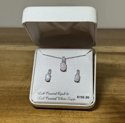 Conjunto de joyas de zafiro blanco ópalo de ley (laboratorio) collar pendientes colgantes para mujer Foto 1 de 4