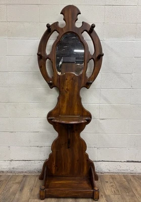 Antique Victorian Style Oak Hall Stand Hall Tree with Mirror and Hooks - Image 1 of 4