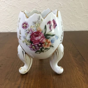 Vintage Hand Painted Porcelain Cracked Egg Vase Planter Footed Floral Gold Trim - Picture 1 of 5