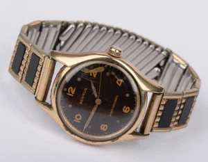 Vintage Benrus Shock Absorber Black Dial Gold Tone Watch 32mm - Running - Picture 1 of 10