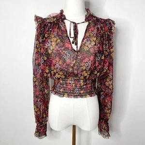 Free People Sheer Boho Cottagecore Floral Ruffle Sleeve Peasant Tie Blouse M - Picture 1 of 8