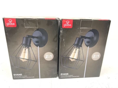 2PK GLOBO Evans 6,5 pulgadas Aplique de pared negro de 1 luz pantalla enjaulada enchufable/cableado Foto 1 de 2