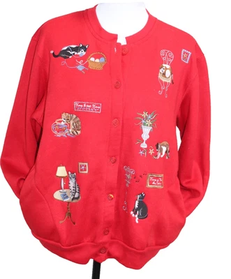 Кардиган женский Bonworth XS миниатюрный красный с кошками вышитый свитер повседневный опрятный - Изображение 1 из 4