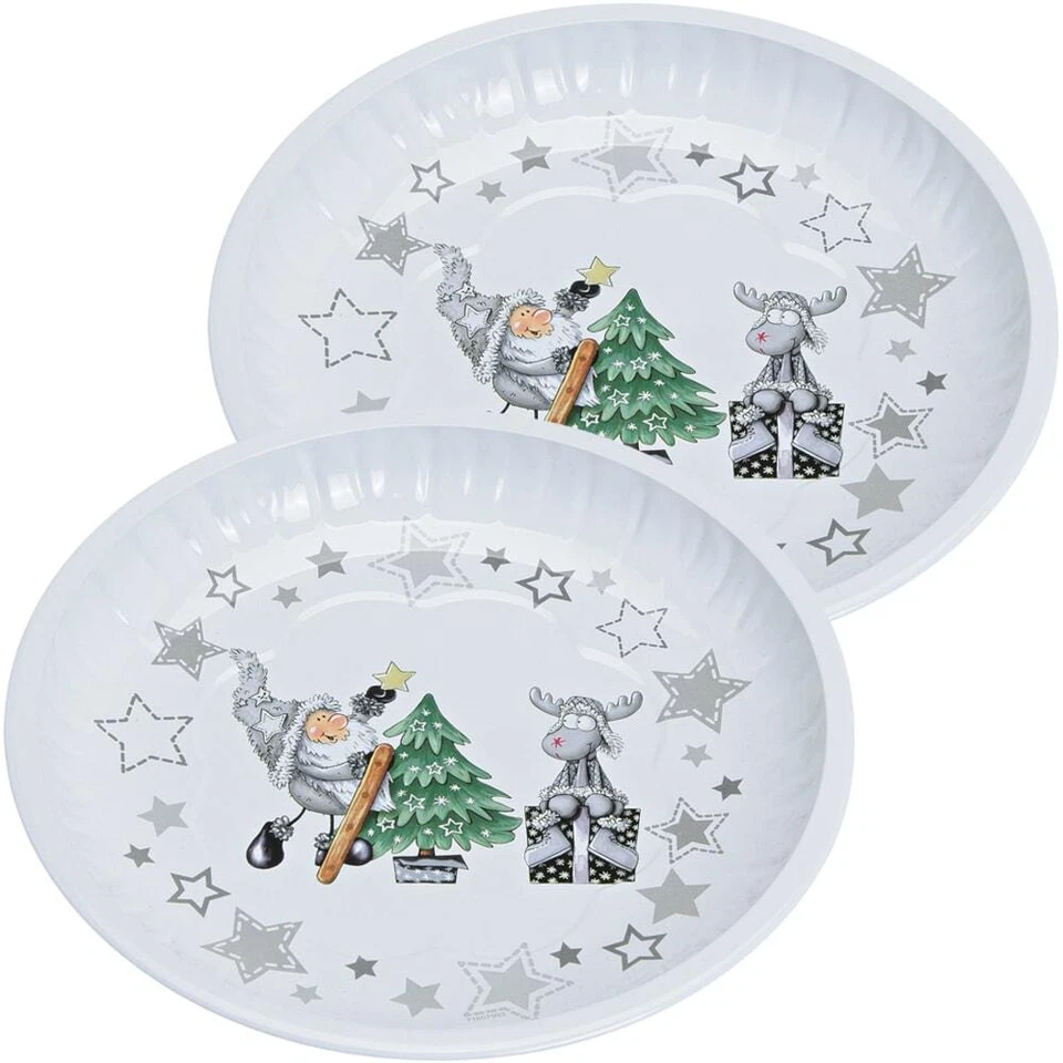 Plätzchenteller Blech Weihnachtsteller Elch & Nikolaus Teller 2er Set Ø 25 cm - Bild 1 von 1