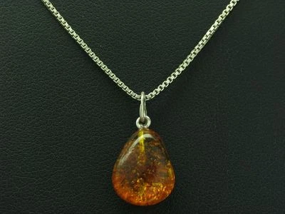 925 Collana IN Argento Sterling & Ambra Ciondolo Con 835 Occhiello / 35,9cm - Immagine 1 di 3