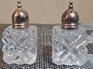 Vintage Crystal Salt & Pepper Shakers with Metal Lids; 1" Square - Picture 1 of 3