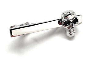 Bright Finished 10k White Gold With Black Enamel Eyes Skull Face Men's Tie Clip - Picture 1 of 4