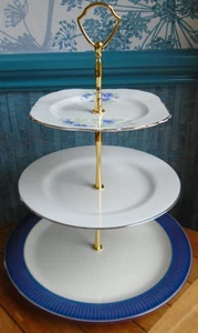 3 tier XL cake stand Made from blue & white plates with blue florals SET A2 - Picture 1 of 5