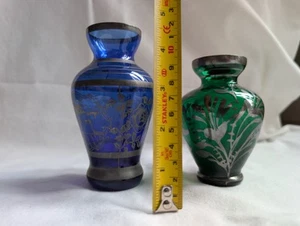 2 VENETIAN MURANO BLUE/GREEN ART GLASS VASE WITH SILVER-PLATED FLOWER & PATTERN - Picture 1 of 10