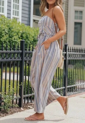 Mono Free People Roaming Shores de algodón sin tirantes a rayas playero para mujer talla S” Foto 1 de 4