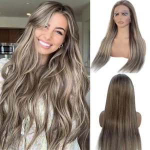 Brown Highlight Lace Front Wig Human Hair Ombre Ash Blonde 13x4 HD Transparen... - Picture 1 of 7