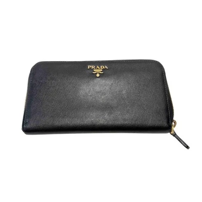 Prada Saffiano Leather Zip Around Continental Wallet Black+Gold Logo 7.5" x 4.5" - Image 1 of 4