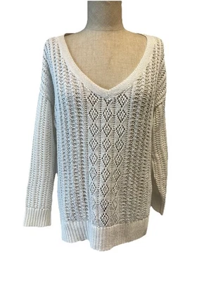 Suéter White House Black Market Mezcla de Lino Crochet Blanco Cuello en V Talla M Foto 1 de 4