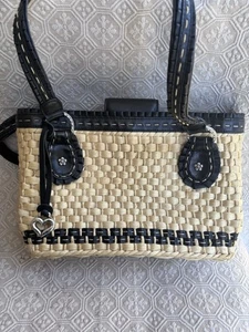 Vintage Brighton Woven Straw Navy Blue Shoulder Handbag Braided Basket Coastal - Picture 1 of 13