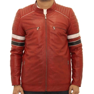 Chaqueta de moto de cuero retro Café Racer para hombre con rayas rojas y negras - Imagen 1 de 5