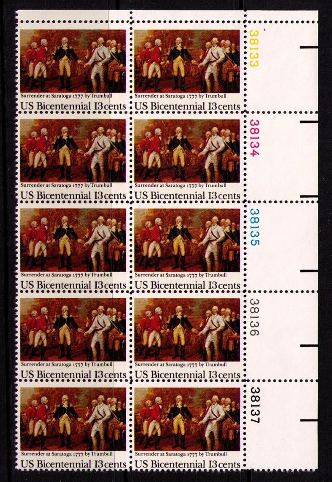 US USA Sc# 1728 MNH FVF PLATE# BLOCK Surrender at Saratoga Trumbull Painting Art - Image 1 of 1