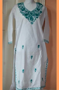 Teal bordado blanco color túnica larga algodón top kurti de la India!! - Imagen 1 de 5