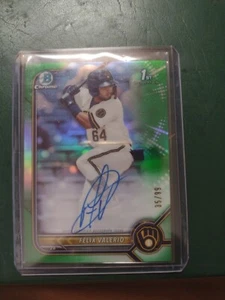 FELIX VALERIO 2022 1st Bowman Chrome True Green Refractor Auto /99 Brewers 🔥 - Picture 1 of 3