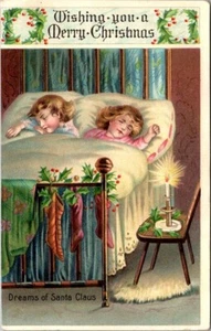 Postcard Merry Christmas Children Sleeping While Waiting for Santa - Picture 1 of 2