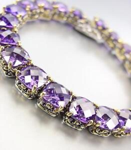 Designer Silver Gold Balinese Purple Amethyst CZ Crystals Links 7" Bracelet 5503
