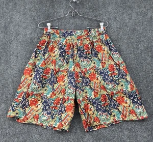 VINTAGE Jane Ashely 100% Silk M Pleated Elastic Waist Pockets Red Floral Shorts - Picture 1 of 14