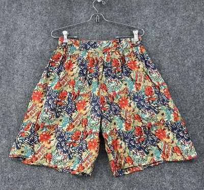 VINTAGE Jane Ashely 100% Silk M Pleated Elastic Waist Pockets Red Floral Shorts - Image 1 of 4