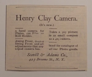 1891 Henry Clay Camera - Scovill & Adams Co. Advertisement NY - Imagen 1 de 2