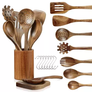 Set di Utensili da Cucina in Legno di Teak Naturale 10 Pezzi, Set di Cucchiai in Legno con Supporto, S - Foto 1 di 7