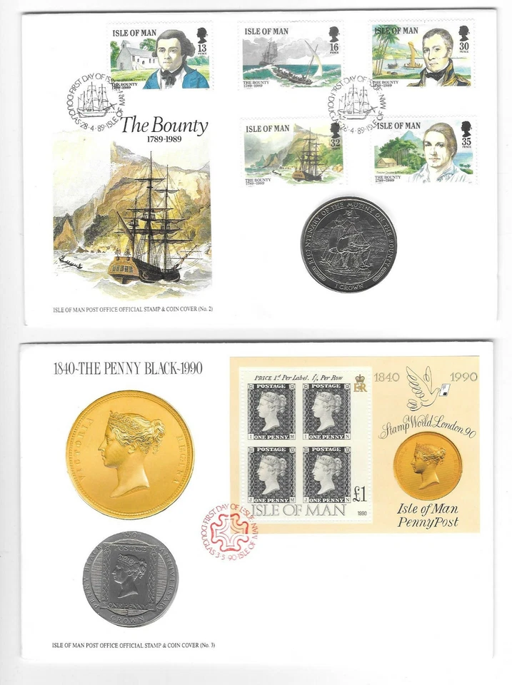 ISLE OF MAN 1 CROWN & STAMPS 1989 THE BOUNTY And 1990 THE PENNY BLACK FDC. B3 - Image 1 of 2