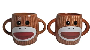 Pair Sock Monkey Double Handled Ceramic Coffee Tea Mug Cups (2) 14 oz. - Picture 1 of 8