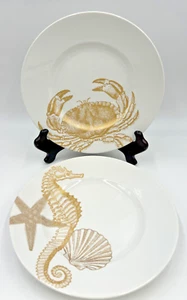Two 222 Fifth Coastal Life 8 3/4" Salad Plates GOLD Seahorse & Crab - Picture 1 of 7