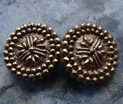 antique vintage PAIR of 2  french jet black glass & gilt flower button -N45 - Image 1 of 2