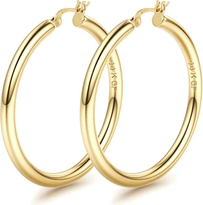 14K Chunky Gold Hoop Earrings for Women with 925 Sterling Silver Post Hollow Tub - Picture 1 of 12