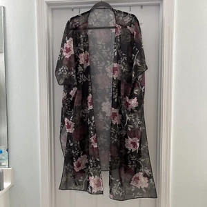 Womens Kimono Small Indie Boho Hippie Resort Cover Up Duster Floral Short Sleeve - Picture 1 of 10