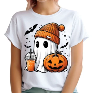 Cozy Ghost with Pumpkin & Beverage Halloween T-Shirt Graphic for All Ages #T447 - Picture 1 of 12