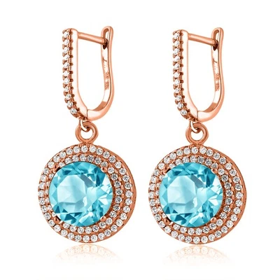 11.28 Ct Round Swiss Blue Topaz 18K Rose Gold Plated Silver Earrings - Image 1 of 3