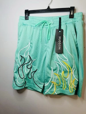 全新带标签 Hudson 外套 篮球短裤 火焰图形 尺寸 XL 36 完好 绿色 有衬里 — 第 1/4 张图片