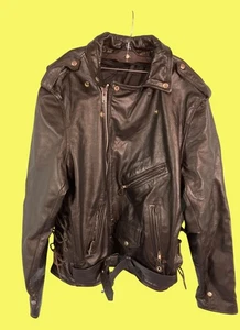 Vintage Leather Biker Jacket With U.S. Flag Patch Size 54 - Picture 1 of 9