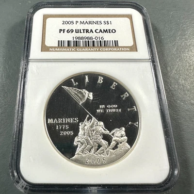 2005-P $1 Marines SILVER Commemorative Dollar, NGC PF69 ULTRA CAMEO (87003) - Image 1 of 2