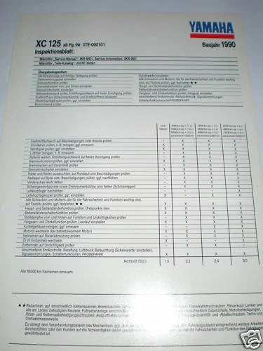 Hoja De Inspección / Datos De Servicio Yamaha XC 125 - Tipo 3TE - Edición 1990 - Imagen 1 de 1