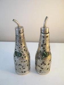 Antique Chinese Export Silver & Green Glass Pair Of Bottles With Pourers - Picture 1 of 6