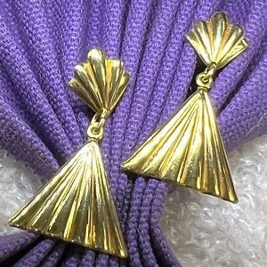 Vintage 14k Yellow Gold 1 3/8" dangling fan style post pierced earrings - Picture 1 of 7