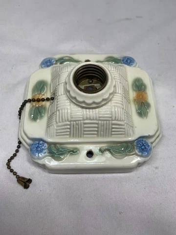 Vintage Porcelain Light Fixture Wall/Ceiling Floral Basketweave - Pull Chain Cover