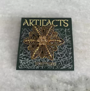 NOS Tag Artifacts Gold Tone Rhinestone Flower Brooch Pin - Picture 1 of 4