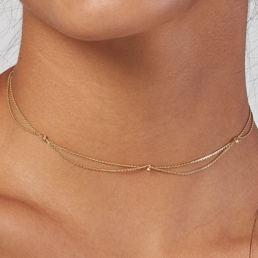 Natural Diamond 14K Yellow Gold Drape Chain Choker Necklace (Hollow) 15"-17" - Image 1 of 4