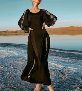 Maya Antonia Luxury Crystal Beaded Stunning Maxi Dress/Kaftan/Black Satin/Sleeve - Picture 1 of 6