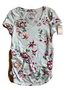 a glow maternity top XS V Neck Floral Blue Ruching On Sides Short Sleeve - Picture 1 of 4