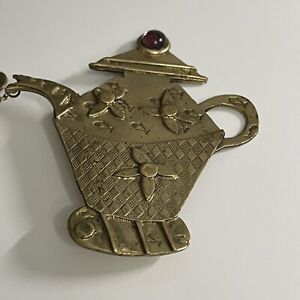 Vintage Large 3” Teapot With Cups Brass Pin Brooch by Deborah Roberts