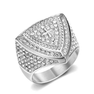 Triangle Shield Cross Wedding Ring Stainless Steel Biker Hip Hop Luxury CZ Ring - Picture 1 of 3