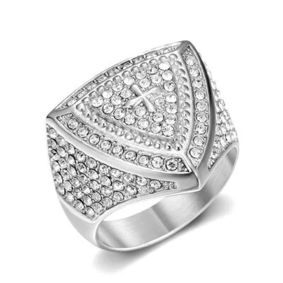 Triangle Shield Cross Wedding Ring Stainless Steel Biker Hip Hop Luxury CZ Ring - Image 1 of 3